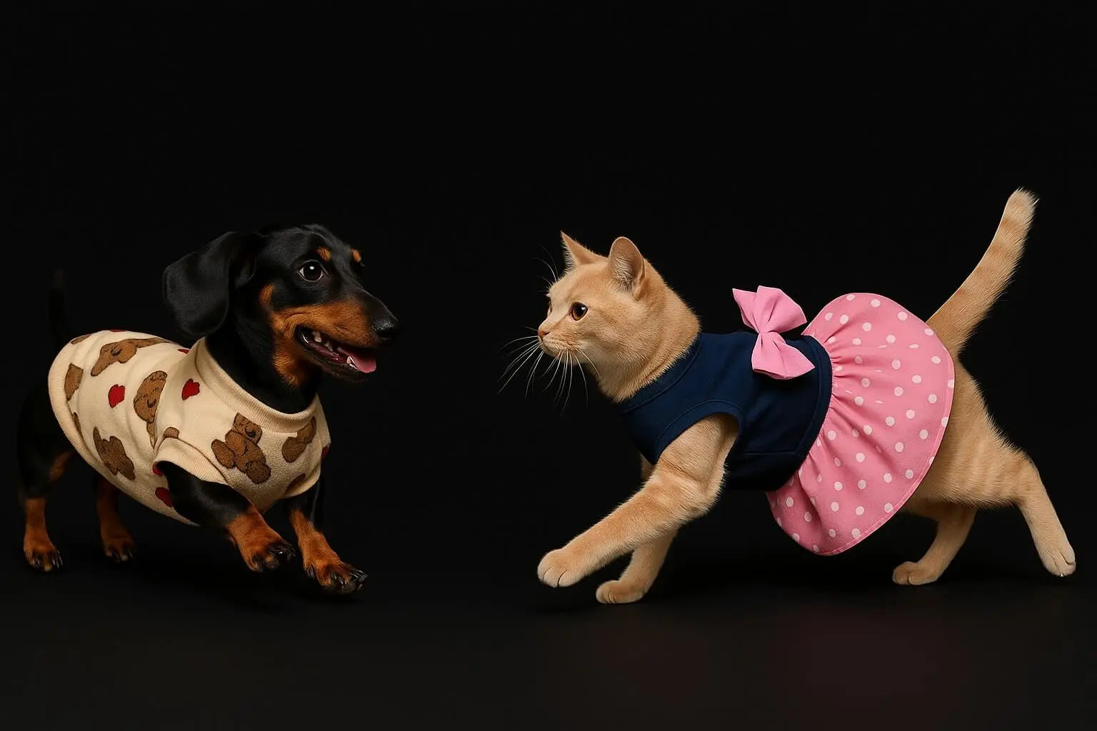 Bassotto e gatto vestiti che giocano insieme – collezione abiti per cani Dogmoda